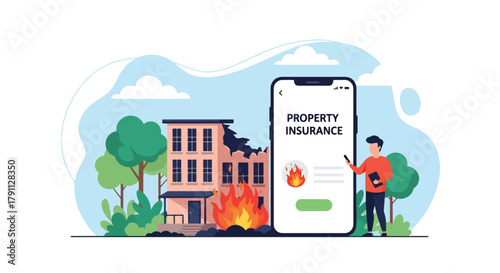 Flat vector person filing insurance claim beside damaged building.  ideal for policy documents, legal infographics, and financial web design