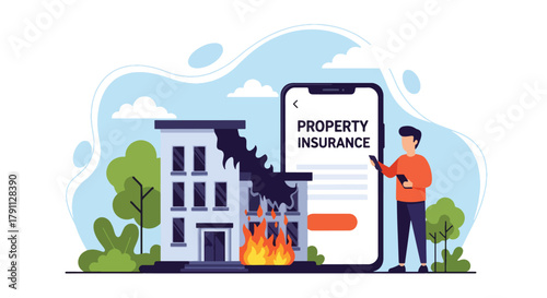 Flat vector person filing insurance claim beside damaged building.  ideal for policy documents, legal infographics, and financial web design
