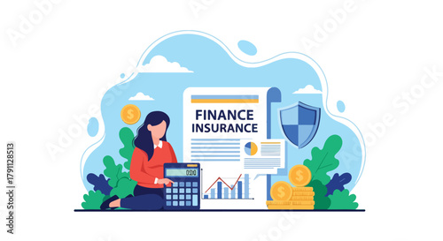 Flat vector of investor analyzing insurance documents with smartphone and calculator. ideal for banking dashboards and business infographics