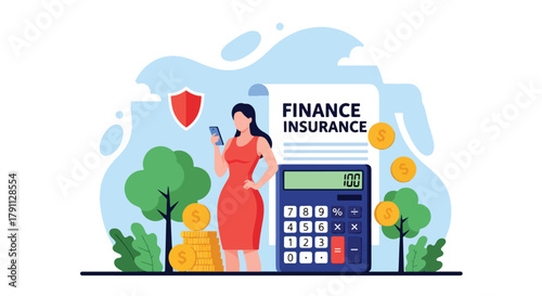 Flat vector of investor analyzing insurance documents with smartphone and calculator. ideal for banking dashboards and business infographics
