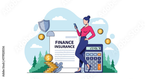 Flat vector of investor analyzing insurance documents with smartphone and calculator. ideal for banking dashboards and business infographics