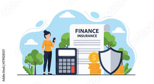 Flat vector of investor analyzing insurance documents with smartphone and calculator. ideal for banking dashboards and business infographics