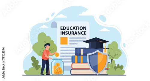 Flat vector kids investing for education insurance under shield. Solid bright palette. ideal for finance blogs, school websites, and educational infographics