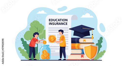 Flat vector kids investing for education insurance under shield. Solid bright palette. ideal for finance blogs, school websites, and educational infographics