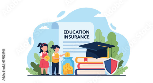 Flat vector kids investing for education insurance under shield. Solid bright palette. ideal for finance blogs, school websites, and educational infographics
