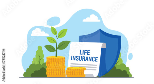 Flat vector plant growing from coins under shield showing life insurance growth. Solid green palette, no gradients, ideal for finance campaigns and savings illustrations