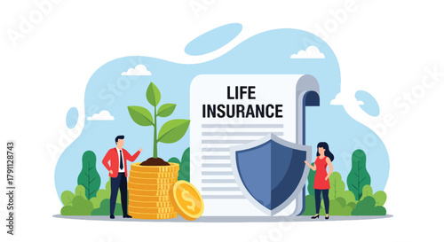 Flat vector plant growing from coins under shield showing life insurance growth. Solid green palette, no gradients, ideal for finance campaigns and savings illustrations