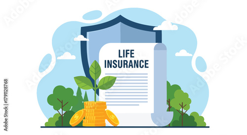 Flat vector plant growing from coins under shield showing life insurance growth. Solid green palette, no gradients, ideal for finance campaigns and savings illustrations