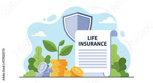 Flat vector plant growing from coins under shield showing life insurance growth. Solid green palette, no gradients, ideal for finance campaigns and savings illustrations