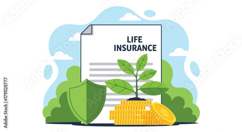 Flat vector plant growing from coins under shield showing life insurance growth. Solid green palette, no gradients, ideal for finance campaigns and savings illustrations