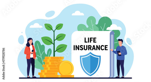 Flat vector plant growing from coins under shield showing life insurance growth. Solid green palette, no gradients, ideal for finance campaigns and savings illustrations