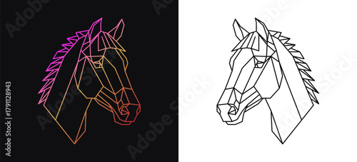 Abstract polygon horse head (minimal low poly line art) on white and black background. Triangular geometric outline of Equine for 2026 Year of the Horse. Zodiac sign for tattoo, emblem, designs.