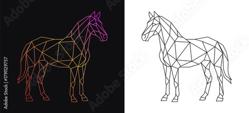 Standing geometric low poly horse formed with linear triangular polygons on white background. Vector outline for 2026 Year of Horse. Lunar zodiac sign, polygonal tattoo, geometric logo, abstract art