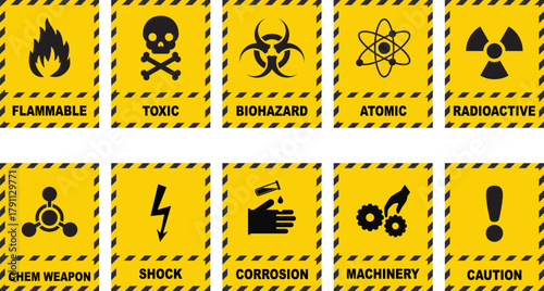 Industrial Hazard Alert Symbols: Black and Yellow Warning Signs for Chemical Safety and Workplace Danger Identification