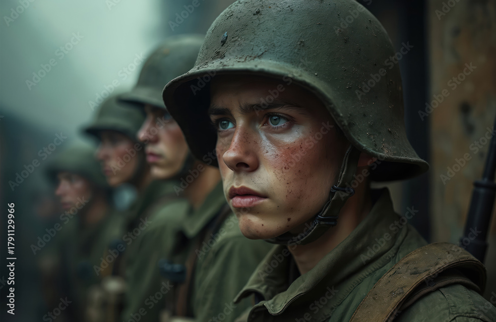 Obraz premium Soldiers in uniform stand. Men wear helmets. Army looks forward in war. Young soldier face shows determination, courage. Historical reenactment shows war, loss. Military concept presents heroism,