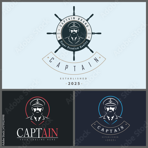 Captain sailor seaman face head ship wheel silhouette logo set vintage design template