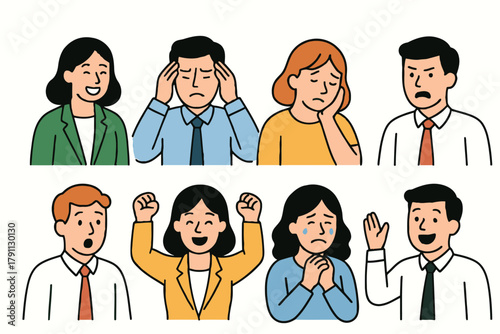 Diverse group of people expressing various emotions through hand drawn illustrations
