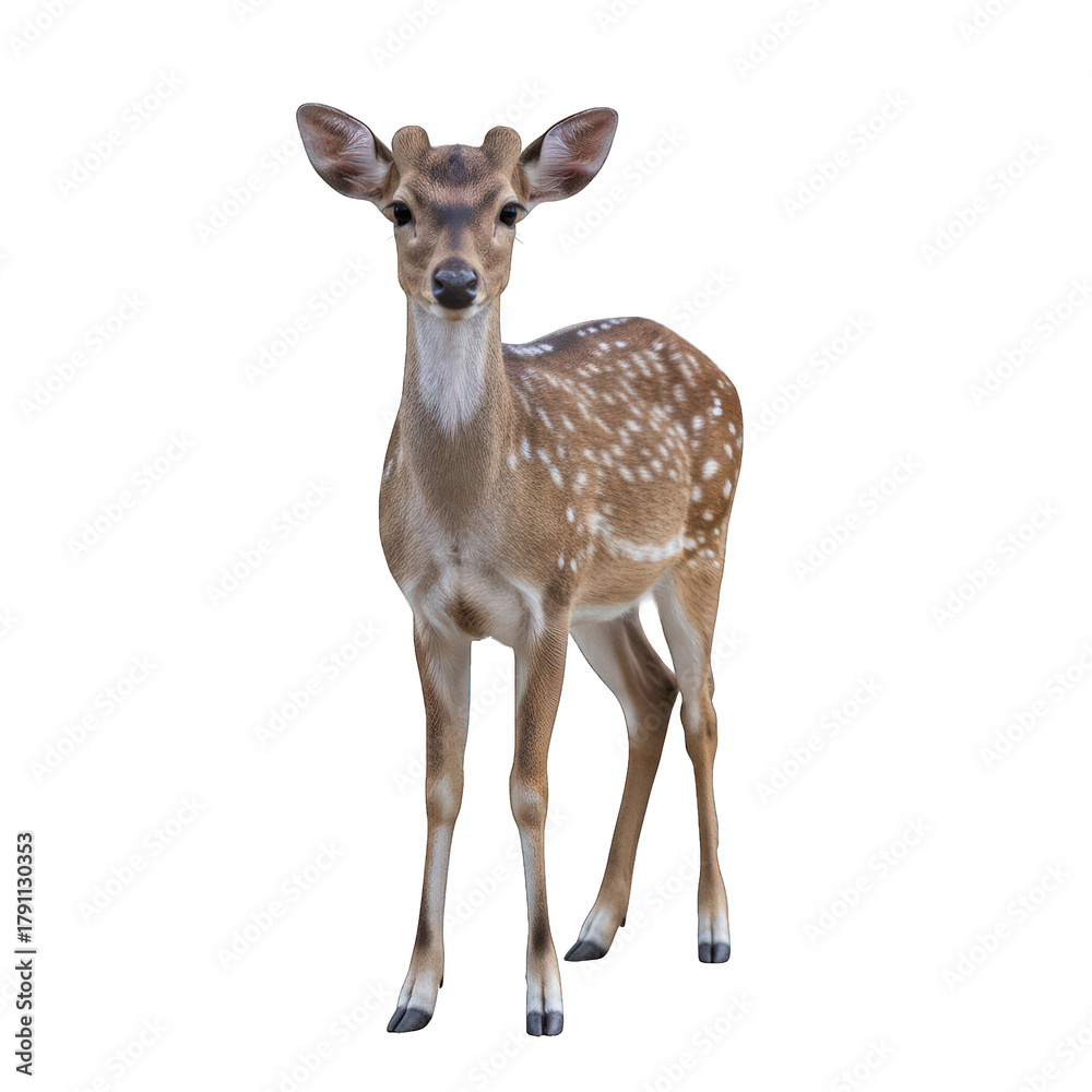 Fototapeta premium Young spotted deer stands gracefully, head held high, looking intently forward