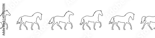 Horizontal seamless pattern of linear galloping horse silhouettes. Black outline equine strip in motion for 2026 Year of the Horse. Endless border line for zodiac projects, repeat design, border decor