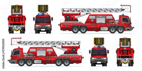 Fire engine red car truck vehicle with sky lift elevator truck peron and water cannon 3D model realistic highly detailed flat vector set illustration