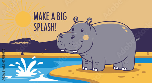 Cute hippo cartoon illustration vector for kids and children book cover and background design idea