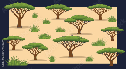 Explore african savanna landscape with acacia trees and grass illustration background vector design