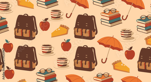 Autumn school pattern with backpacks books coffee apples and pie seamless background for design projects