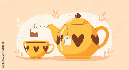 Yellow teapot and cup illustration with heart designs for tea time and cozy beverage concepts art