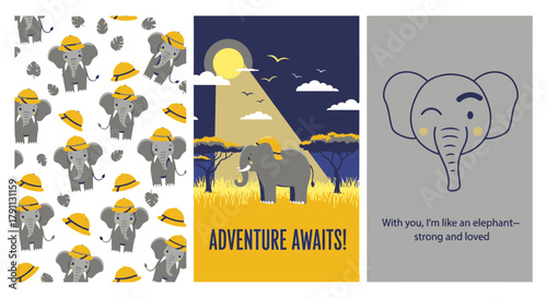 Cute elephant safari adventure design for kids room decor nursery art print and baby shower invitation ideas