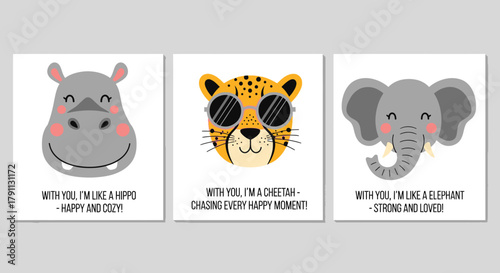 Cute animal prints hippo cheetah elephant nursery decor kids room art set of three wall art posters