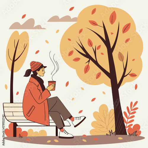 Flat Vector Autumn Illustration of Woman Sitting on Park Bench with Coffee Autumn park bench illustration shows falling leaves and cozy seasonal design with woman sitting outdoors and holding coffee
