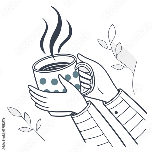 Vector illustration of hands holding a coffee mug symbol of comfort, warmth, and mindful moments