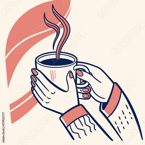 Vector illustration of hands holding a coffee mug symbol of comfort, warmth, and mindful moments