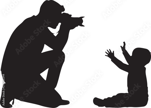 Silhouette of a father photographing his happy child playing, capturing precious family moments and cherished childhood memories.