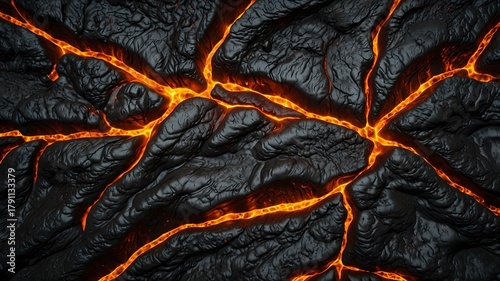 Volcanic lava texture with bright orange glowing cracks and rough black rock detail
