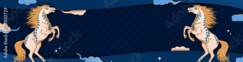 Empty header, billboard with paper cut hand drawn horses on blue background with place for text. Panoramic banner in asian style with ornate equines, clouds, stars. 2026 Lunar New Year of the Horse