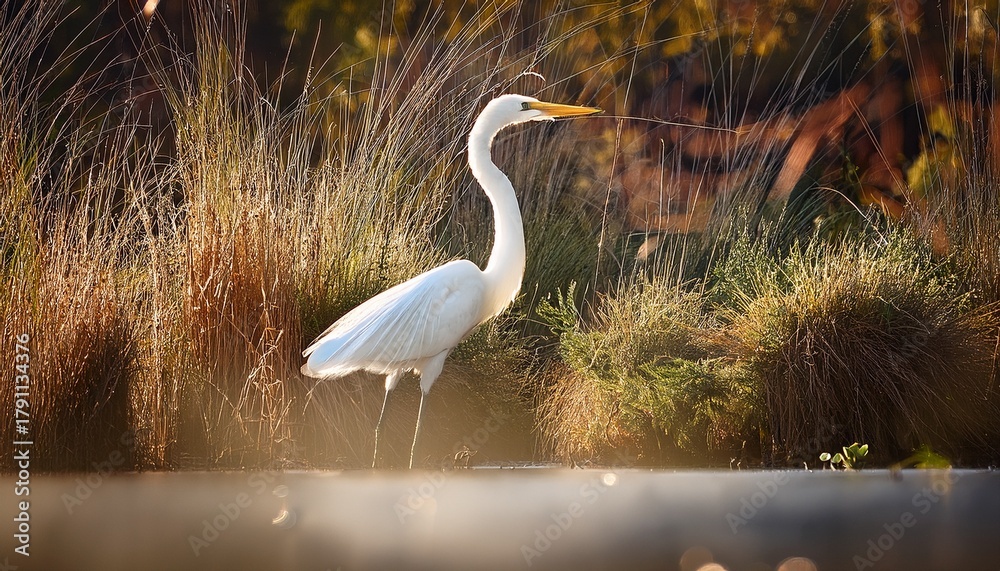 Fototapeta premium Great Egret Standing At Edge Of Marsh