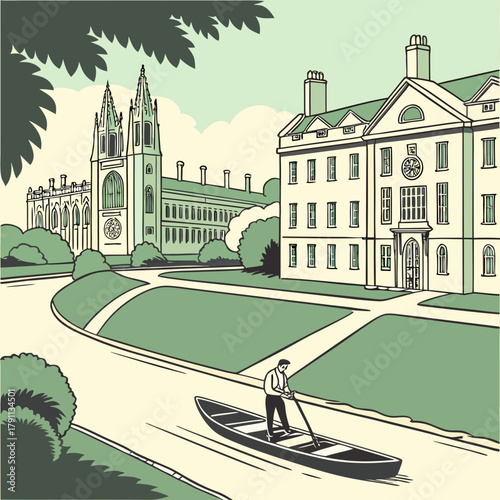 A serene flat design landscape illustrating an iconic English university city, featuring historic college buildings, a punt on the river, and tree-lined paths.