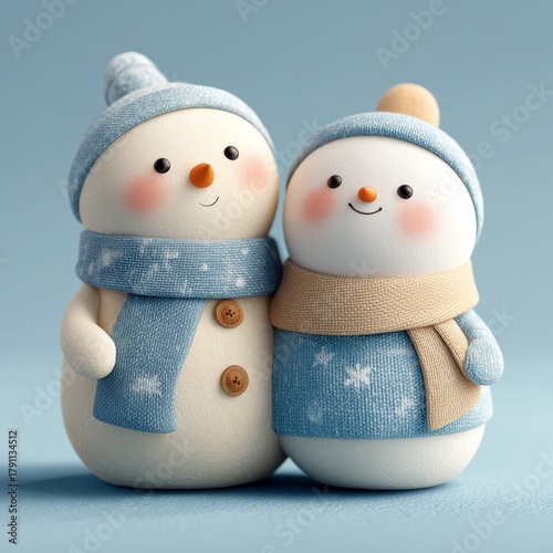 3D sculpted artwork featuring a small snowman and snowwoman with scarves, handcrafted clay details, cream and pastel blue tones, cozy cute minimal layout