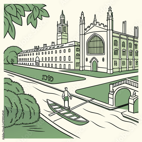 A serene flat design landscape illustrating an iconic English university city, featuring historic college buildings, a punt on the river, and tree-lined paths.