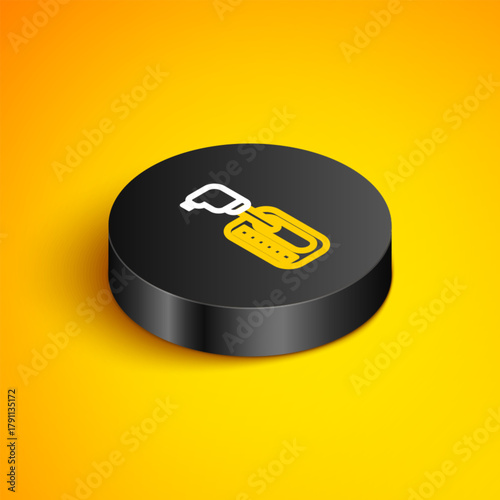 Isometric line Gear shifter icon isolated on yellow background. Transmission icon. Black circle button. Vector