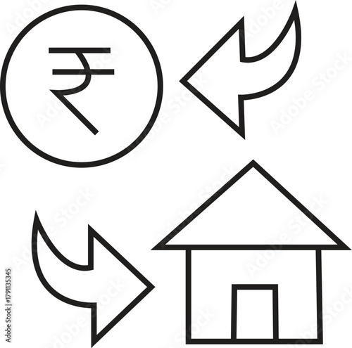 Indian rupee symbol with house and arrows