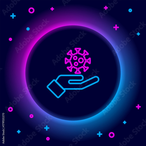 Glowing neon line Hand with virus icon isolated on black background. Corona virus 2019-nCoV. Bacteria and germs, cell cancer, microbe, fungi. Colorful outline concept. Vector