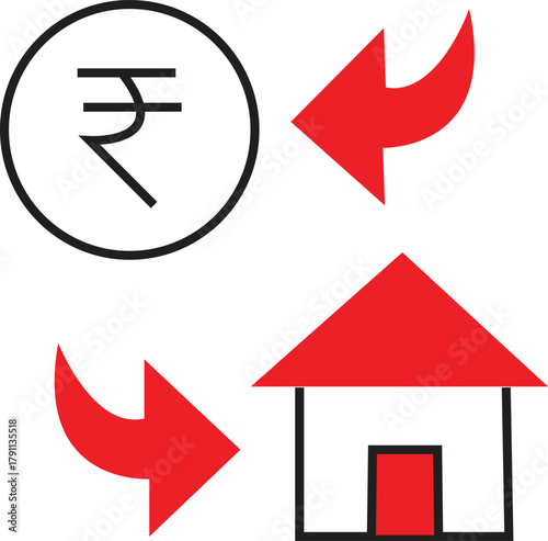 Red and black icon showing indian rupee symbol and house with exchange arrows