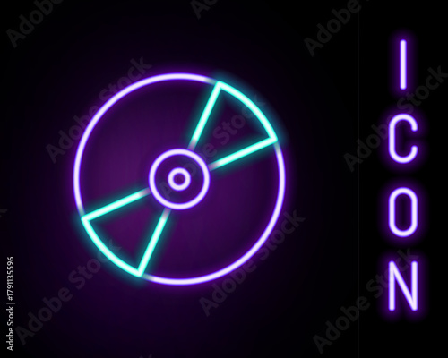 Glowing neon line CD or DVD disk icon isolated on black background. Compact disc sign. Colorful outline concept. Vector