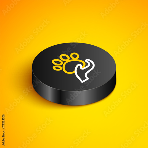 Isometric line Animal volunteer icon isolated on yellow background. Animal care concept. Black circle button. Vector