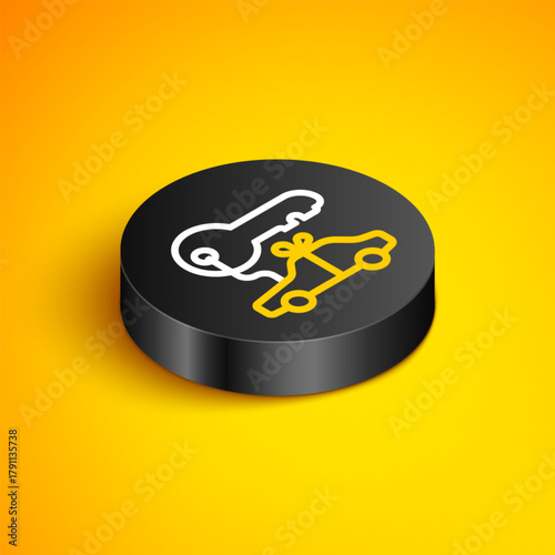 Isometric line Car gift icon isolated on yellow background. Car key prize. Black circle button. Vector
