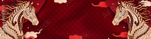 Template of red panoramic banner with Asian Fire Horses, clouds, stars, scales pattern and empty space for text. New Year 2026 with equines, Christmas blank header. Lunar Horoscope, zodiac sign 