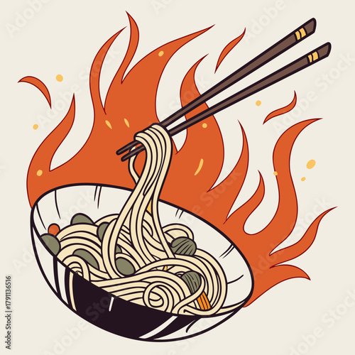Stylized illustration of noodles in a wok with chopsticks, engulfed in vibrant orange flames, against a neutral background.