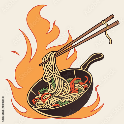 Stylized illustration of noodles in a wok with chopsticks, engulfed in vibrant orange flames, against a neutral background.
